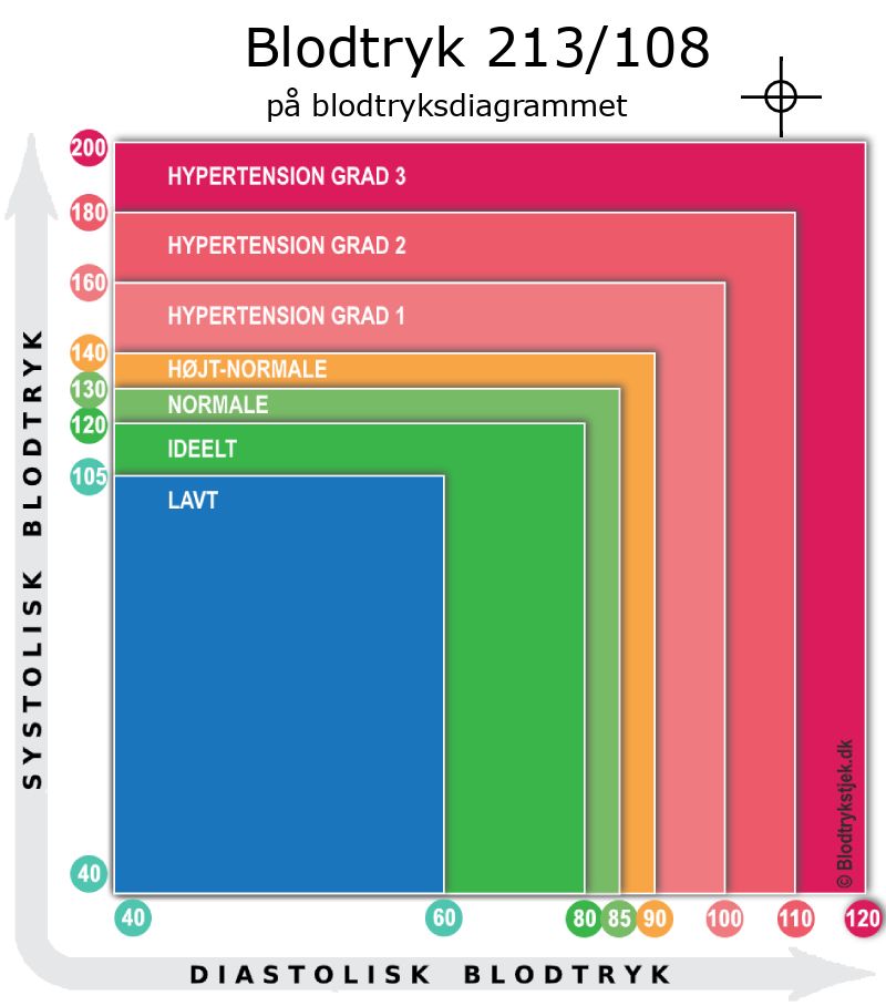 Blodtryk 213 over 108 i blodtryksdiagram