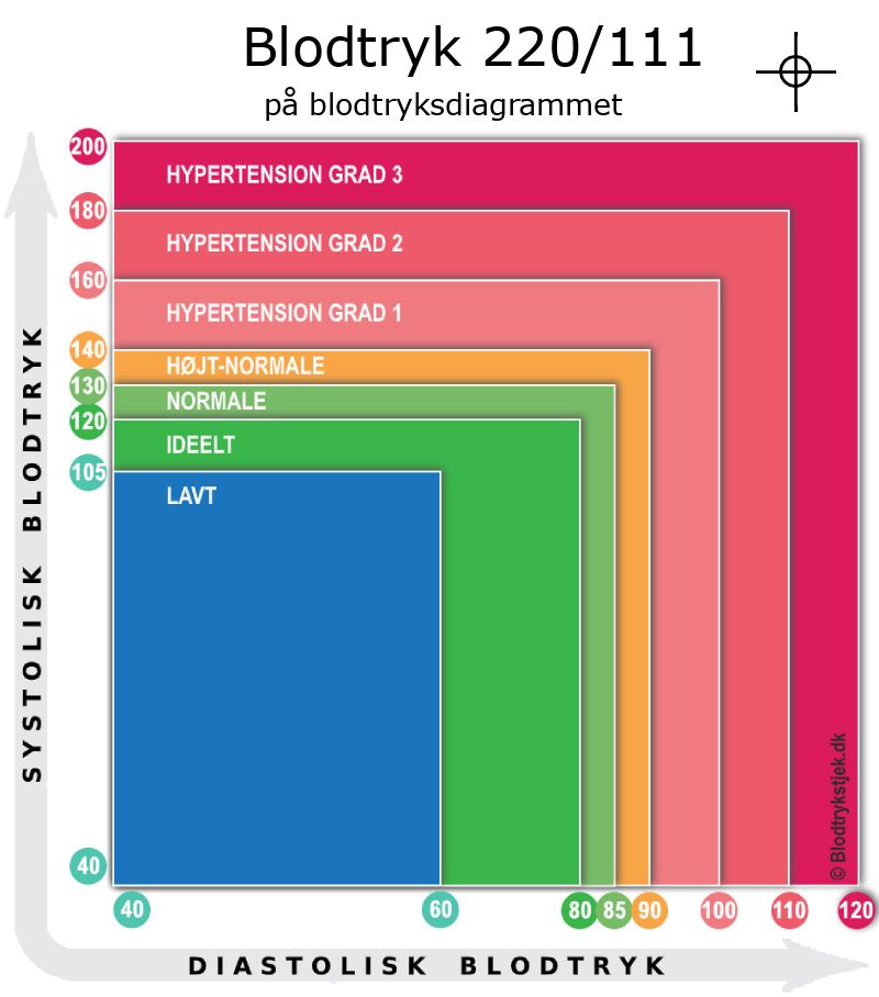 Blodtryk 220 over 111 i blodtryksdiagram