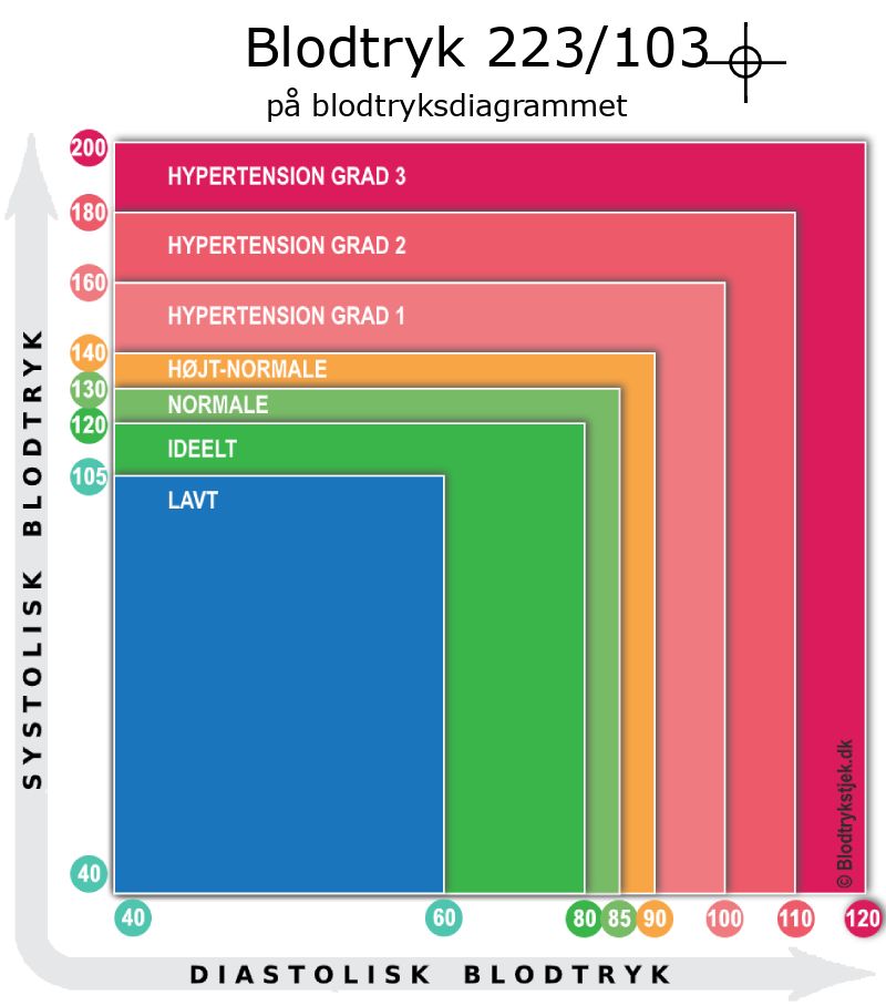 Blodtryk 223 over 103 i blodtryksdiagram