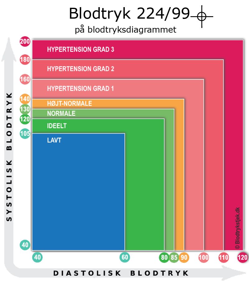 Blodtryk 224 over 99 i blodtryksdiagram