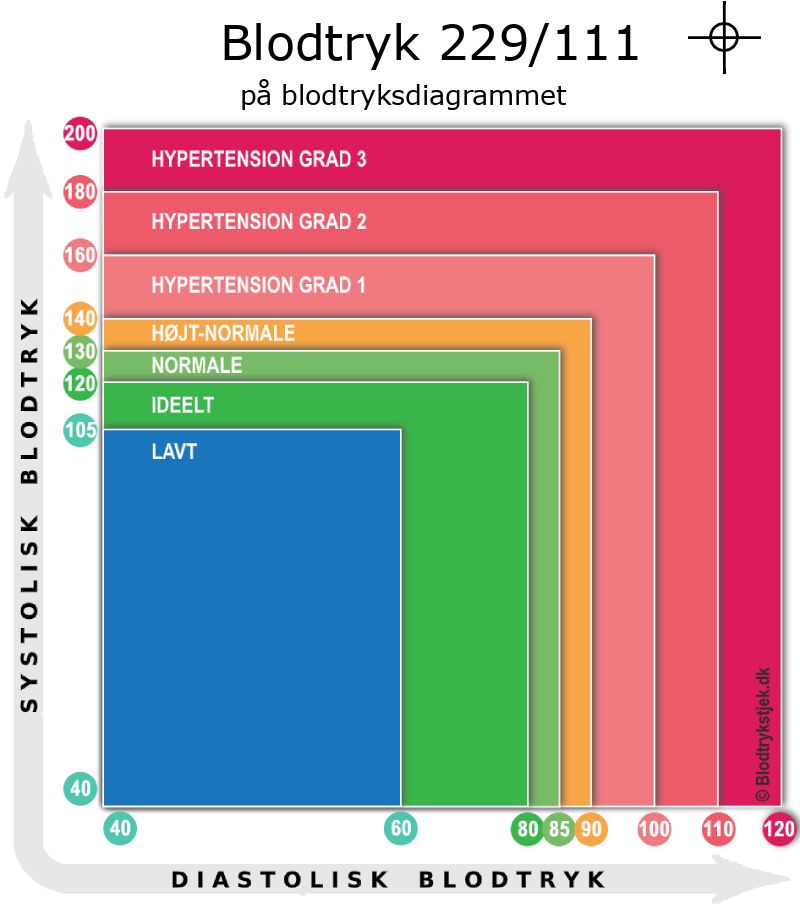 Blodtryk 229 over 111 i blodtryksdiagram