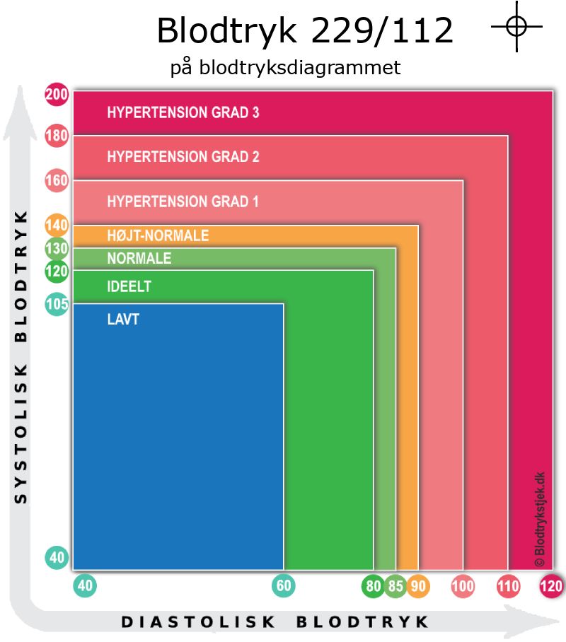 Blodtryk 229 over 112 i blodtryksdiagram