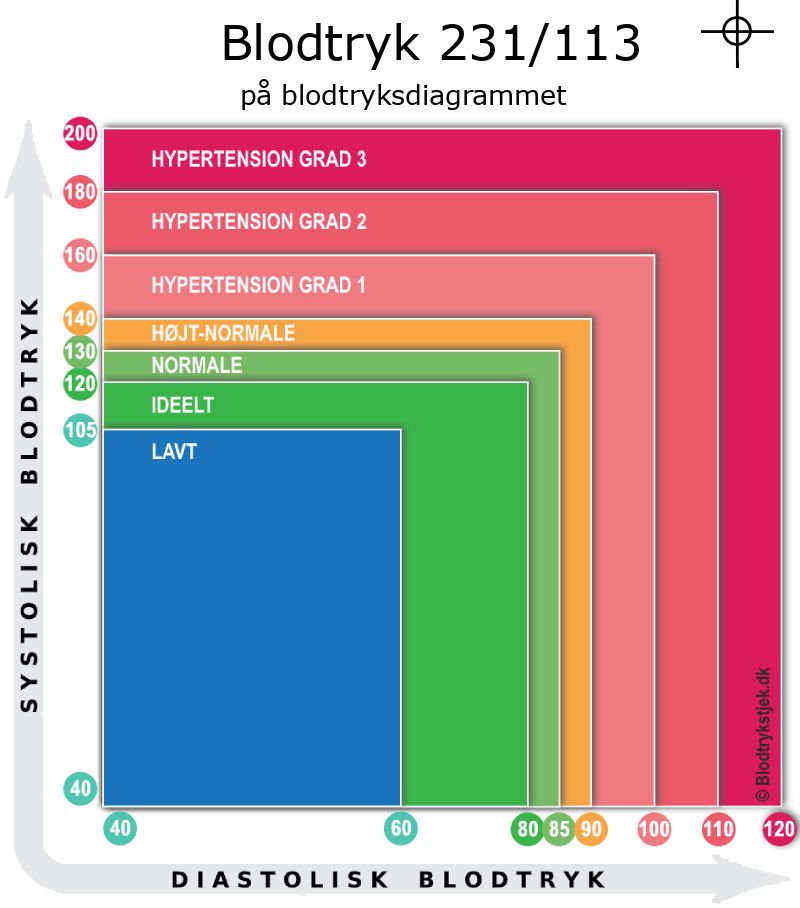 Blodtryk 231 over 113 i blodtryksdiagram