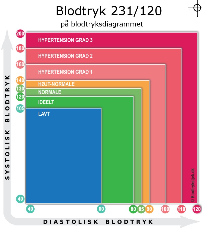 Blodtryk 231 over 120 i blodtryksdiagram