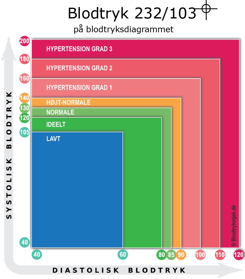 Blodtryk 232 over 103 i blodtryksdiagram