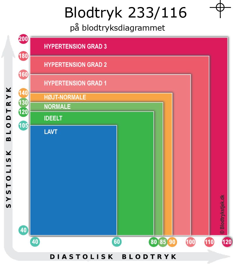 Blodtryk 233 over 116 i blodtryksdiagram