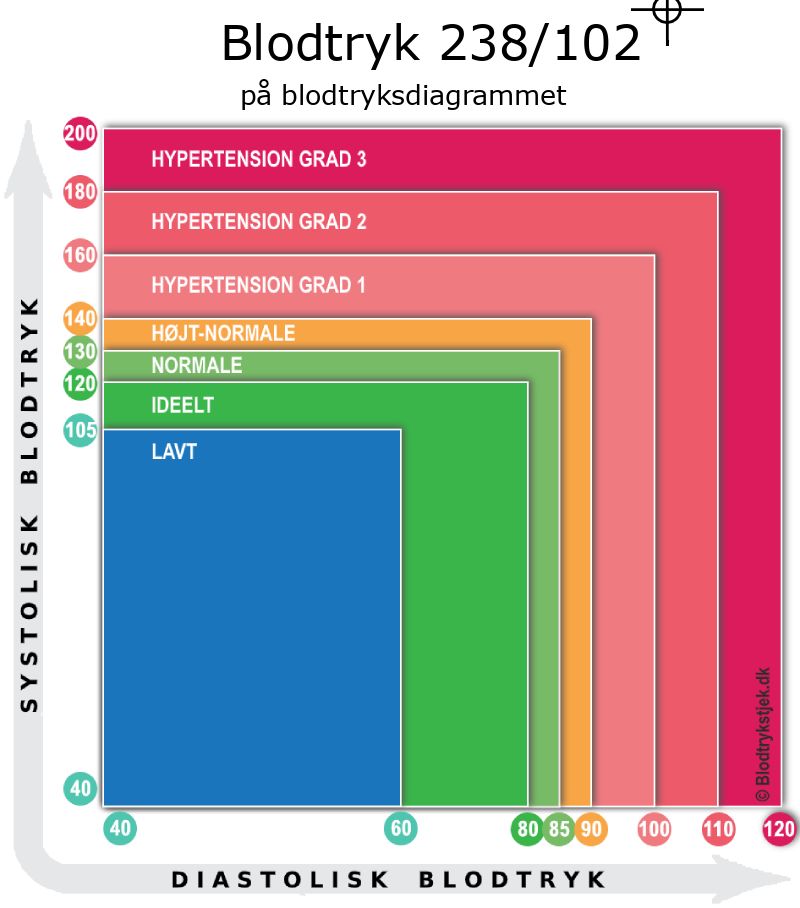 Blodtryk 238 over 102 i blodtryksdiagram